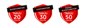 Takuu ikonit: 20 vuoden ruostumattomuustakuu, 30 vuoden tiiveystakuu, 50 vuoden poikkiruostumattomuustakuu.